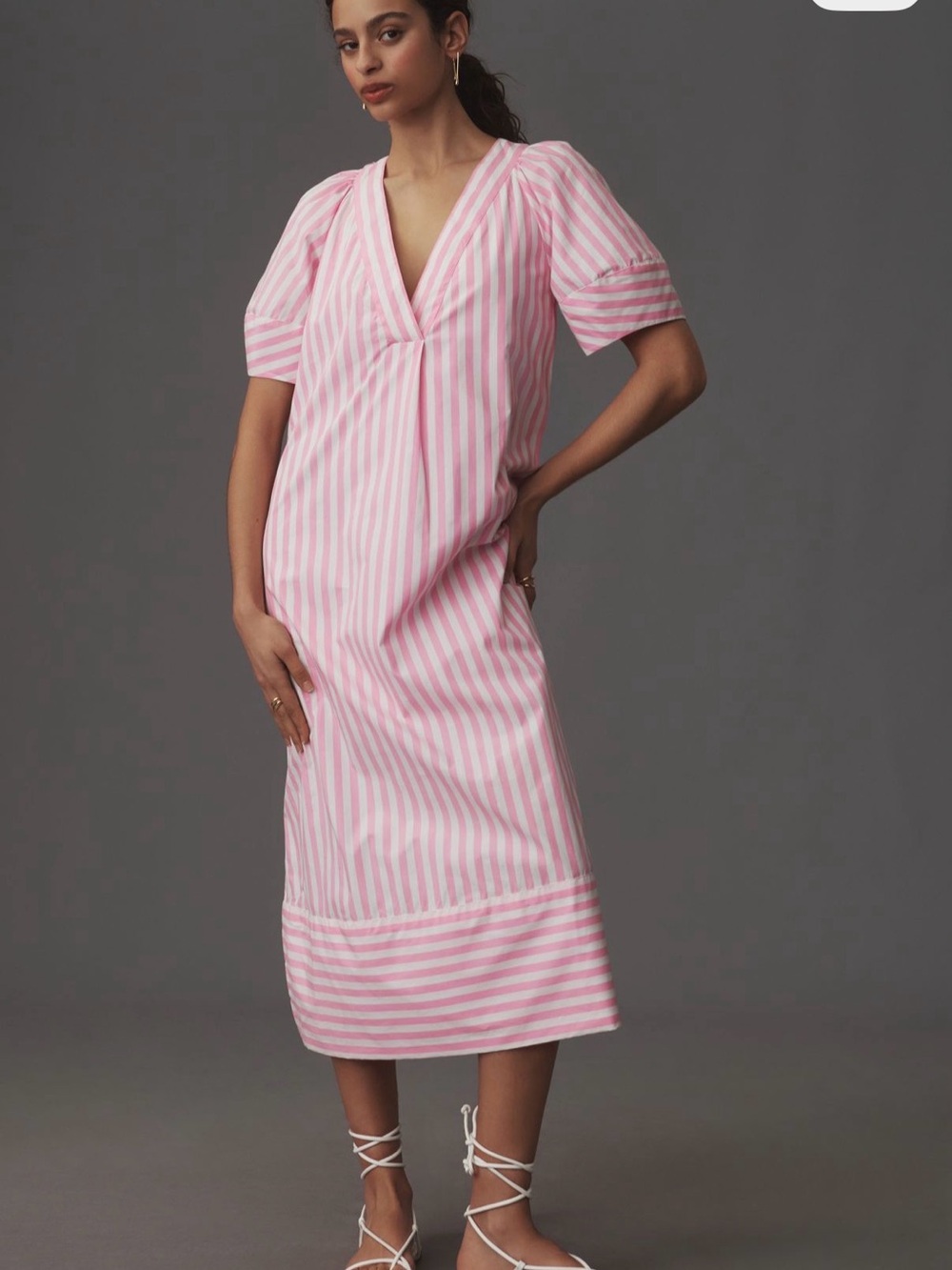 Maeve Anthropologie Pink White Stripe Puff Sleeve Midi V Neck 3X Plus Caftan Max